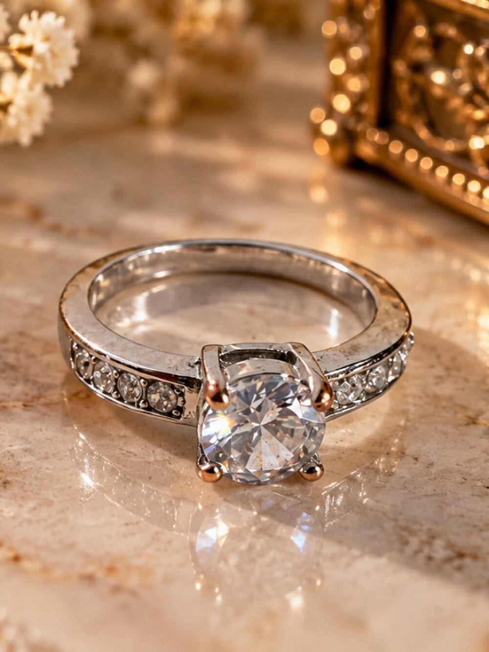 Silver Tone Faux Solitaire CZ Engagement Ring | Size 5.5 - 6